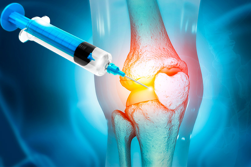 A close-up of a needle being injected into a knee, representing a key interventional pain management technique.