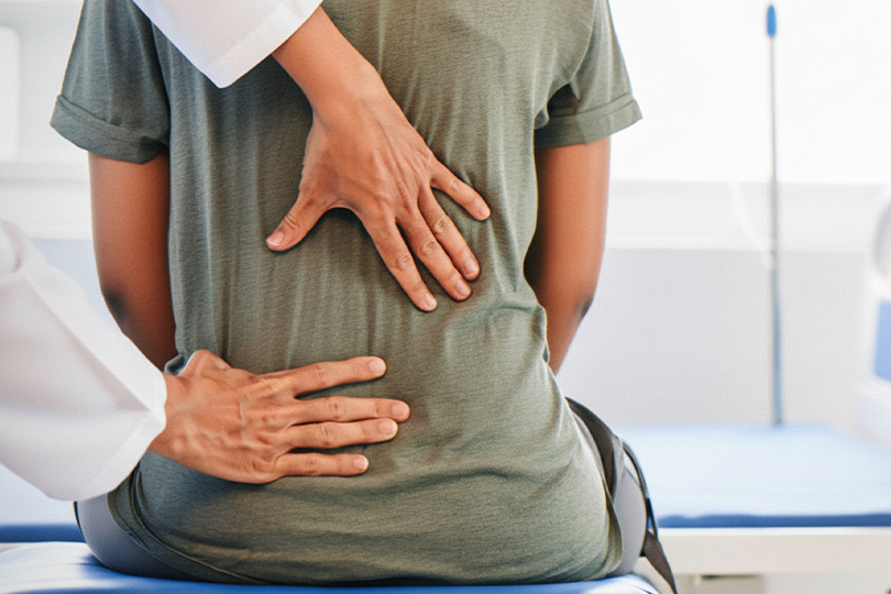 A doctor holds a woman's back while explaining new pain management options.