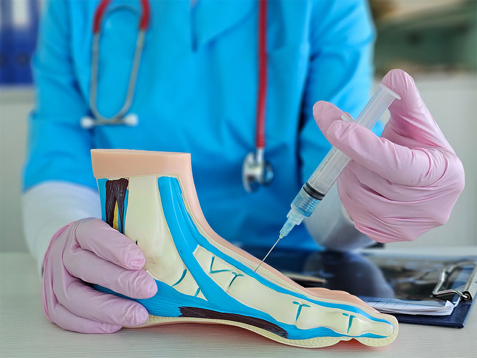 A doctor holds a syringe and a foot model, illustrating treatment options for diabetic nerve pain in South Texas.